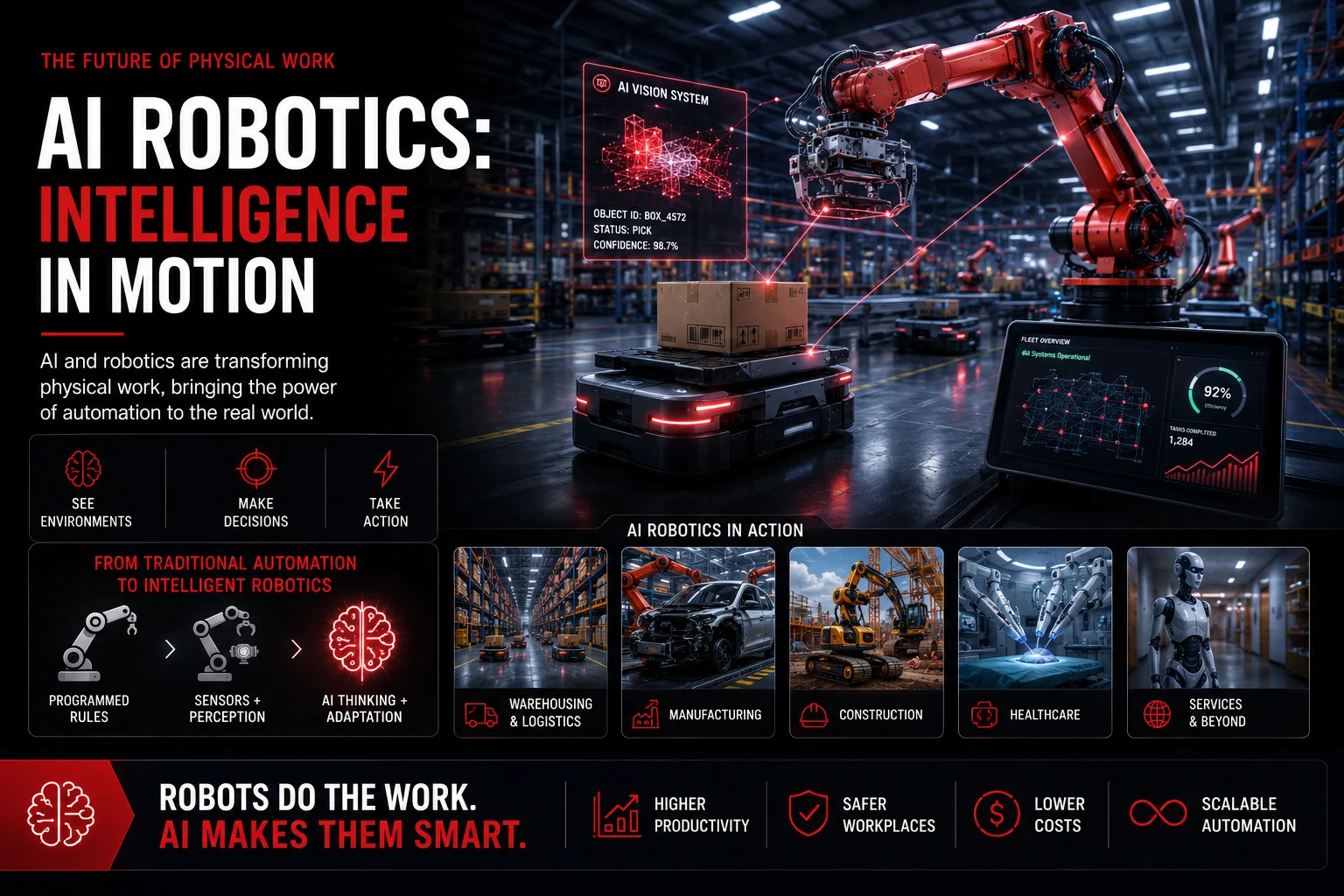 AI robotics bringing intelligence to physical work through computer vision, autonomous machines, and human-robot collaboration across warehousing, manufacturing, construction, and healthcare