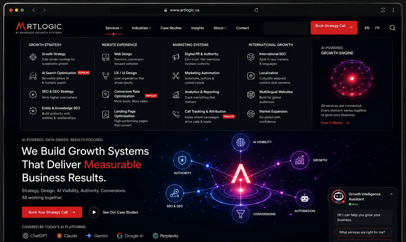 The same business rebuilt as a growth system: structured mega-menu navigation, an AI visibility network, conversion-focused calls to action and an intelligence assistant