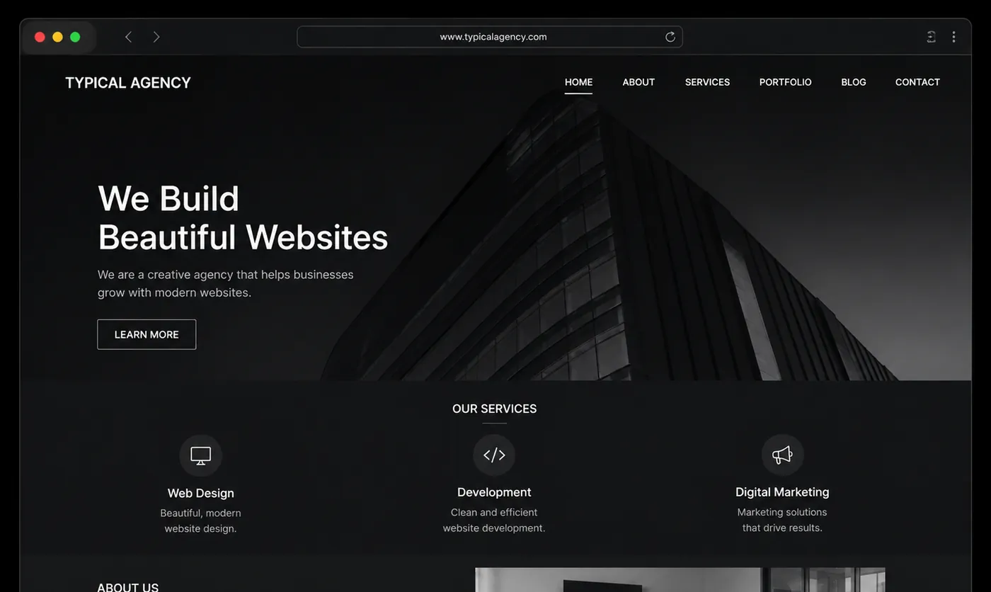 A typical agency website: a static brochure layout with no AI visibility, authority signals or conversion system
